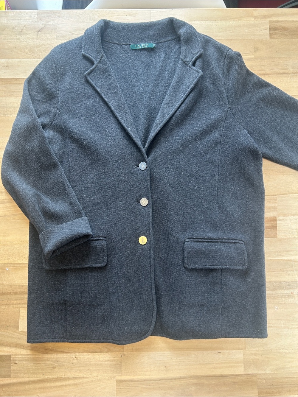 Lauren Ralph Lauren Knit Blazer Grey Size XL| Chic Button Cardigan Jacket